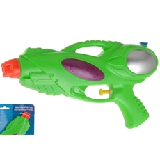 Grön vattenpistol med orange munstycke, lila detalj och silverfärgad tank. Har en gul avtryckare.